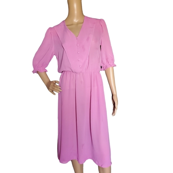 Vintage 80s Pink Semi Sheer Button Front Short Sleeve Bluson Day Dress - Picture 1 of 9